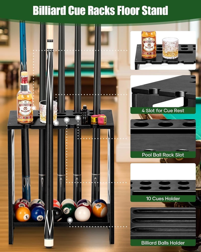 EXTCCT Pool Stick Holder Floor Stand - Hardwood Solid Wood Pool Cue Rack for 10 Cues, Billiard Cue Holder with Pool Table Accessory Organizer for Game Room or Home Bar（black） - Image 4